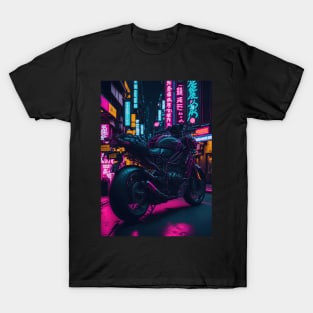 Neon Speedster: Motorcycle Majesty in a Japanese Metropolis T-Shirt